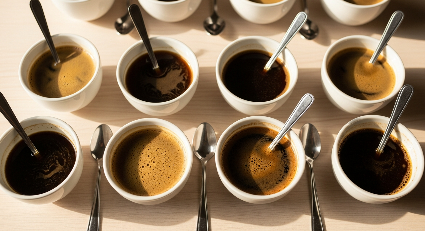 Professional coffee cupping session evaluating flavor profiles
