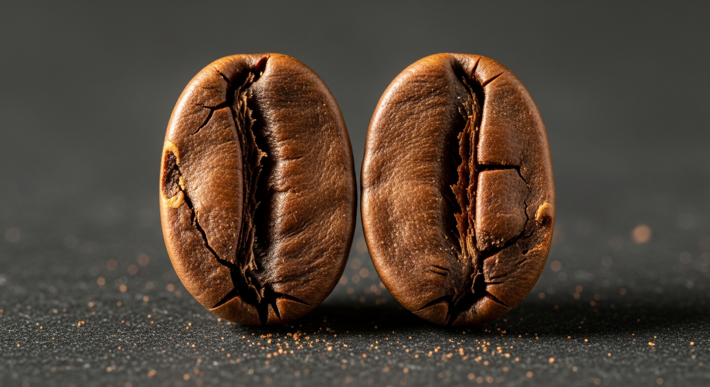Cross-section of a coffee bean showing the outer shell, silver skin, endosperm, and CQA compound regions