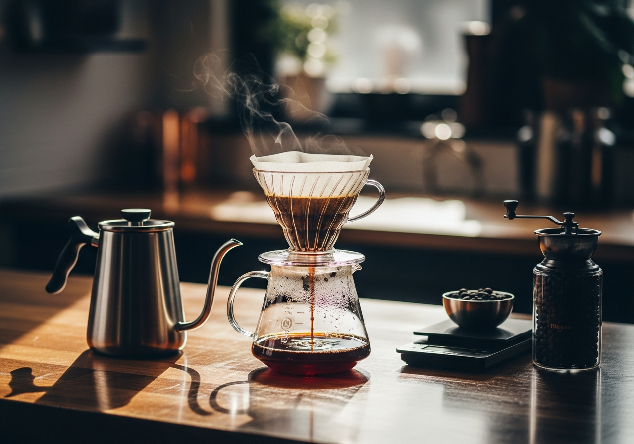 Pour-over coffee brewing setup with freshly roasted low acid coffee